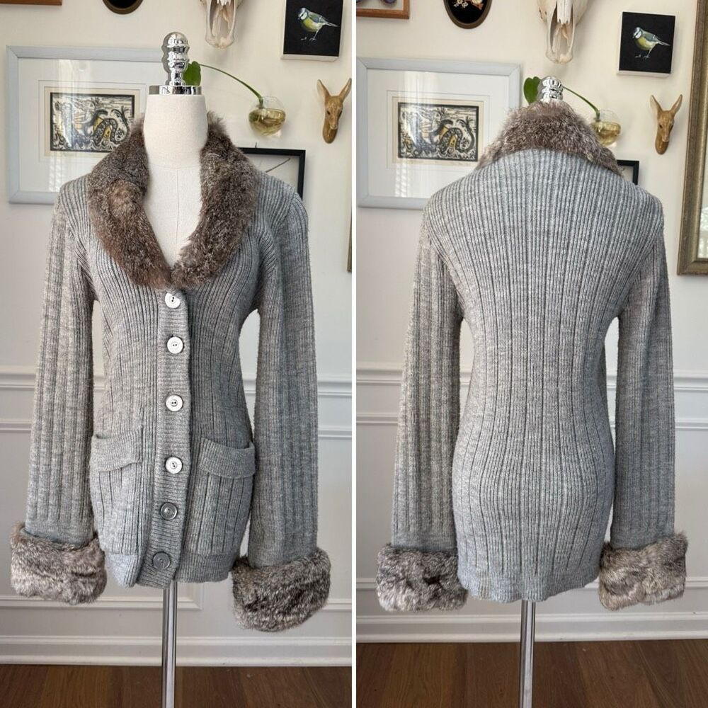 Vintage 70s Grey Cardigan Rabbit Fur Trim Sweater XS S